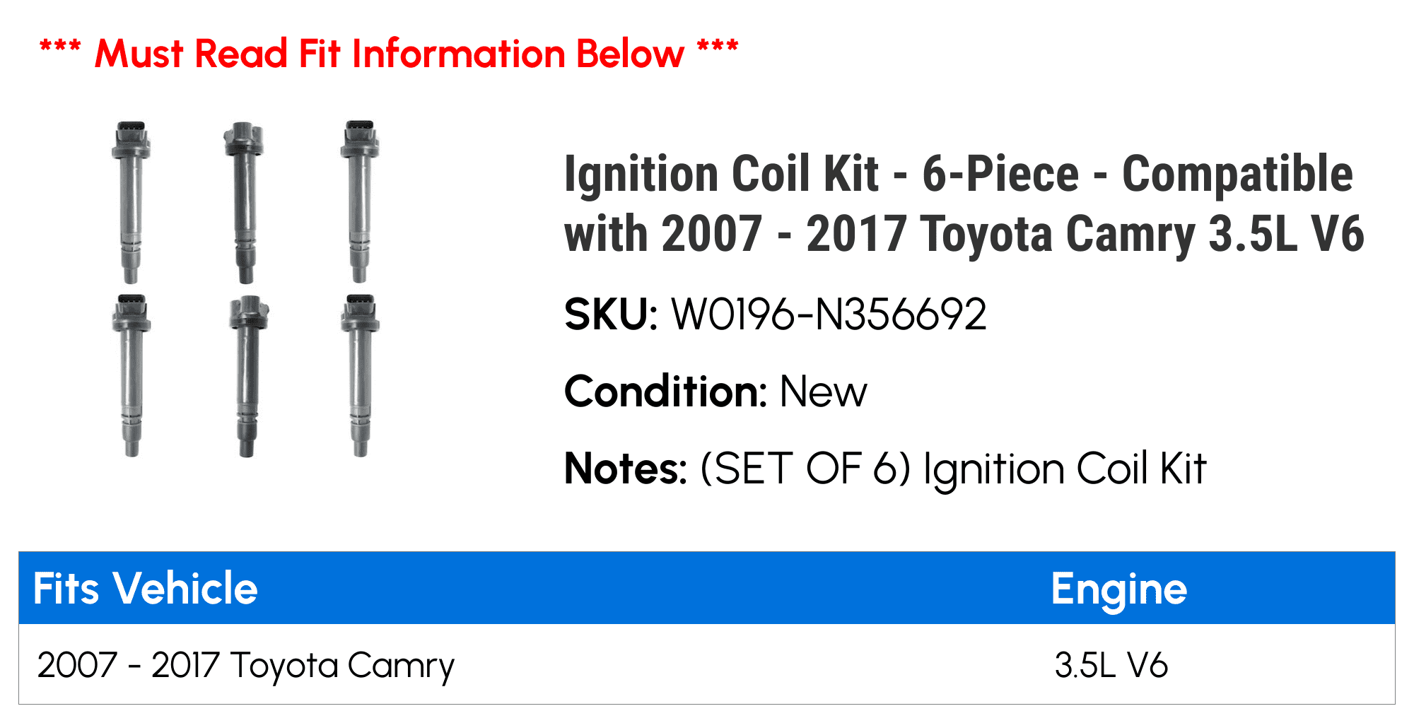 Ignition Coil Kit - 6-Piece - Compatible with 2007 - 2017 Toyota Camry 3.5L V6 2008 2009 2010 2011 2012 2013 2014 2015 2016