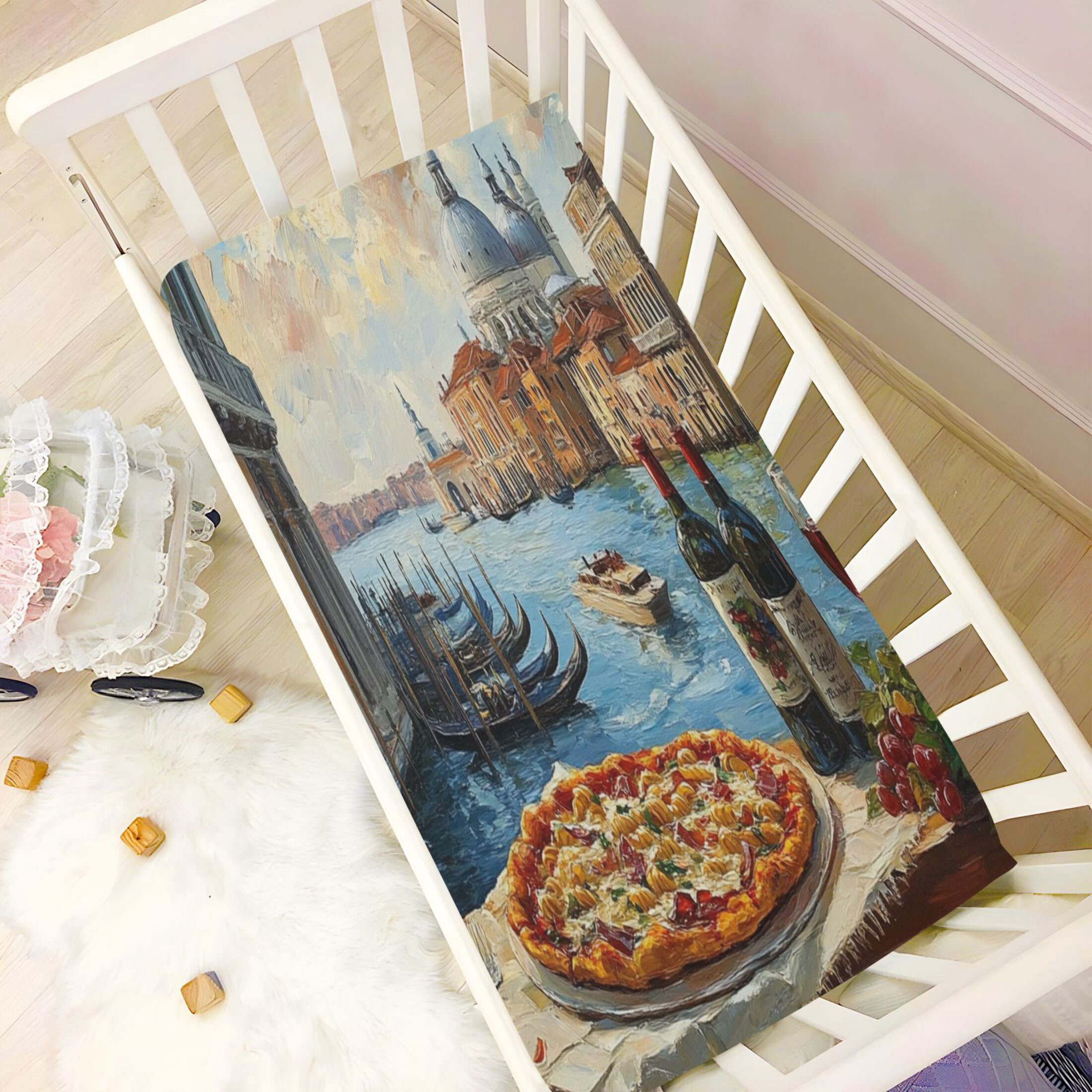 BZSMCE Ultra Soft Fitted Microfiber Crib Sheets for Newborn Baby Boys Girls Pizza and Wine by Canal Design Cute Pattern