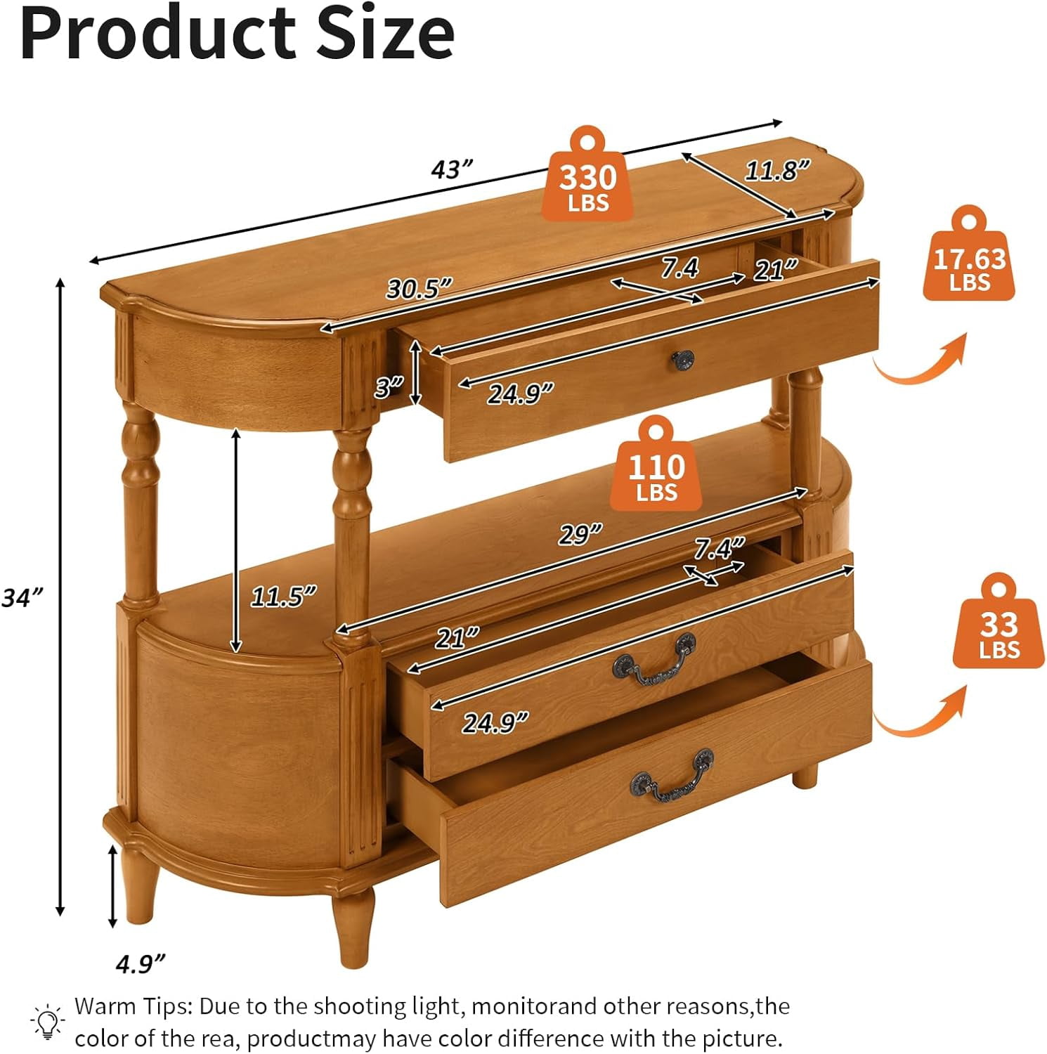 LKTART Retro Curved 43 Inch Half Moon 3 Drawers Open Shelf Solid Wood Console Table