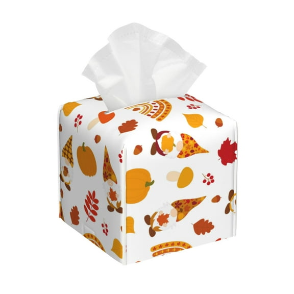 Fuzoiu Fall Gnomes Harvest Print Tissue Box Cover Holder, Square Leather Tissue Box,PU Leather Decorative Organizer for Tabletop, Bathroom, Car, Office