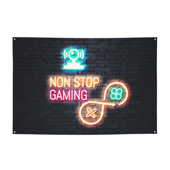 Funny Non Stop Game Sign Banner, Games Slogans Neon Cool Game Elements Handle Hanging Banners Backdrop Festive Party Decor for Indoor Outdoor, 47 x 71 inches