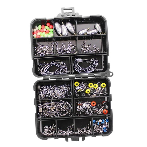 Kit de equipo de pesca de 160/187 piezas con caja de aparejos, anzuelos, señuelos y eslabones giratorios. 160 piezas