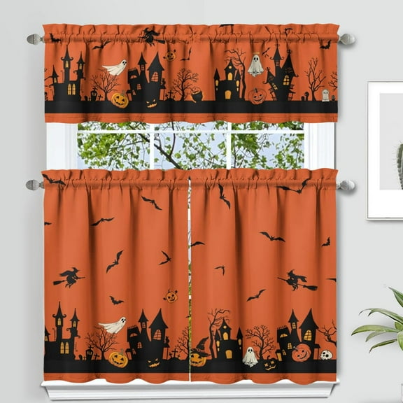 Halloween Kitchen Curtains and Valances Set of 3,Orange Pumpkin Ghost Bat Halloween Kitchen Decor,Horror Halloween Kitchen Curtains and Valances Short Curtain Set for Kitchen Bedroom 36 Inch