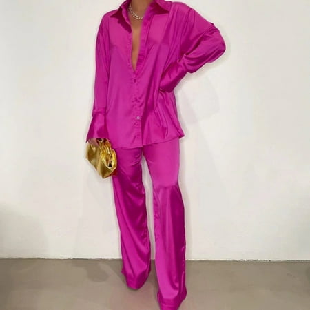 

Hunpta Solid Color Women 2 Piece Outfits Satin Long Sleeve Shirt Wide Leg Pants Sets Fashion Streetwear Satin Pajamas