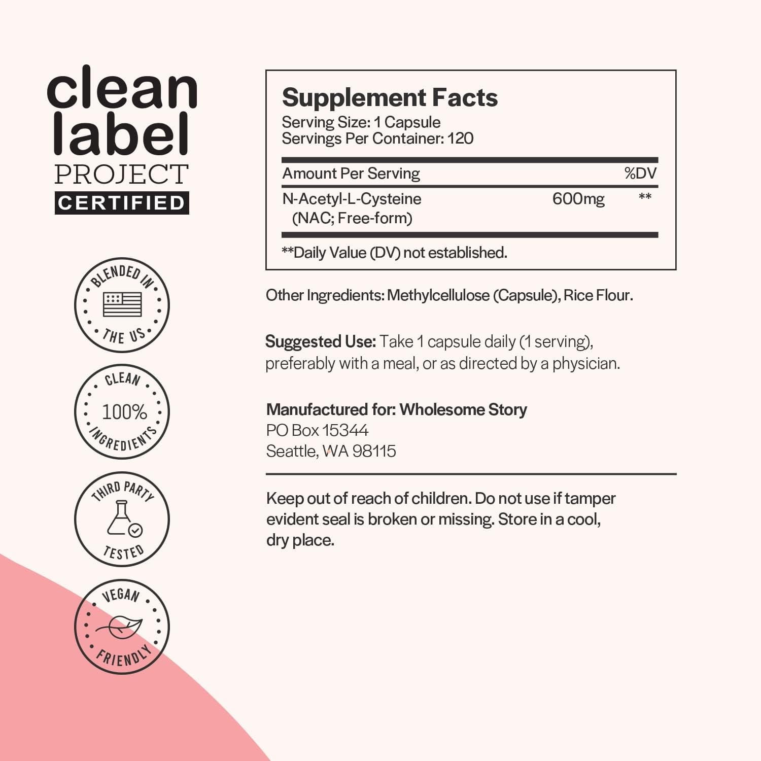 Wholesome Story 600mg N Acetyl Cysteine Supplement for Liver, Lung, & Fertility Support, 120 Caps