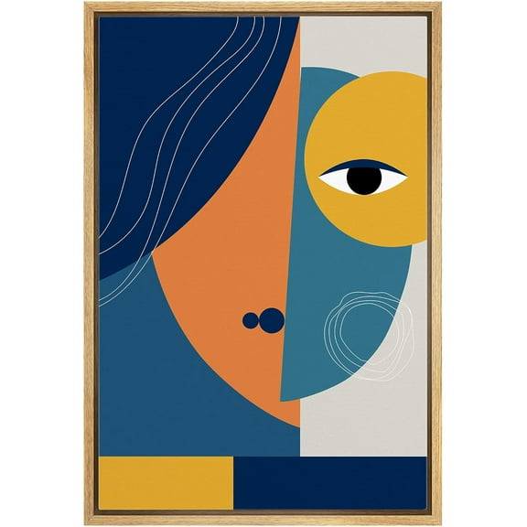 IDEA4WALL Framed Canvas Print Geometric Blue & Yellow Semi Circle Faces Pop Culture Shapes Illustrations Pop Art Bohemian Colorful Ultra for Living Room, Bedroom, Office - Natural 24"x36"