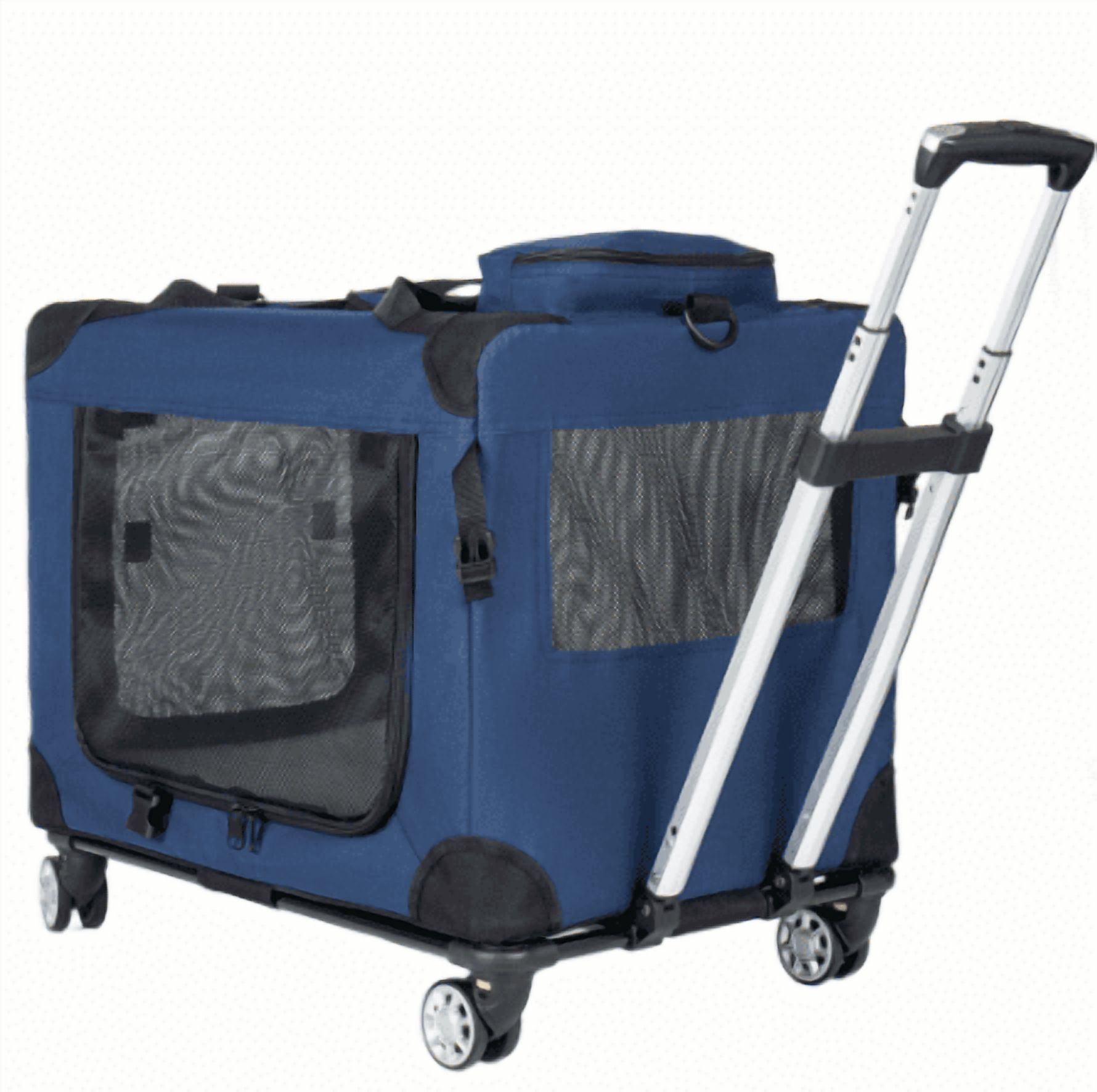 28" Collapsible Rolling Dog Crate 3-Door Mesh Windows Portable Dark Blue