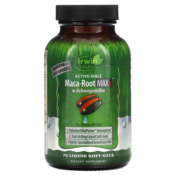 Irwin Naturals Active-Male Maca-Root MAX3   Ashwagandha, 75 Soft-Gels