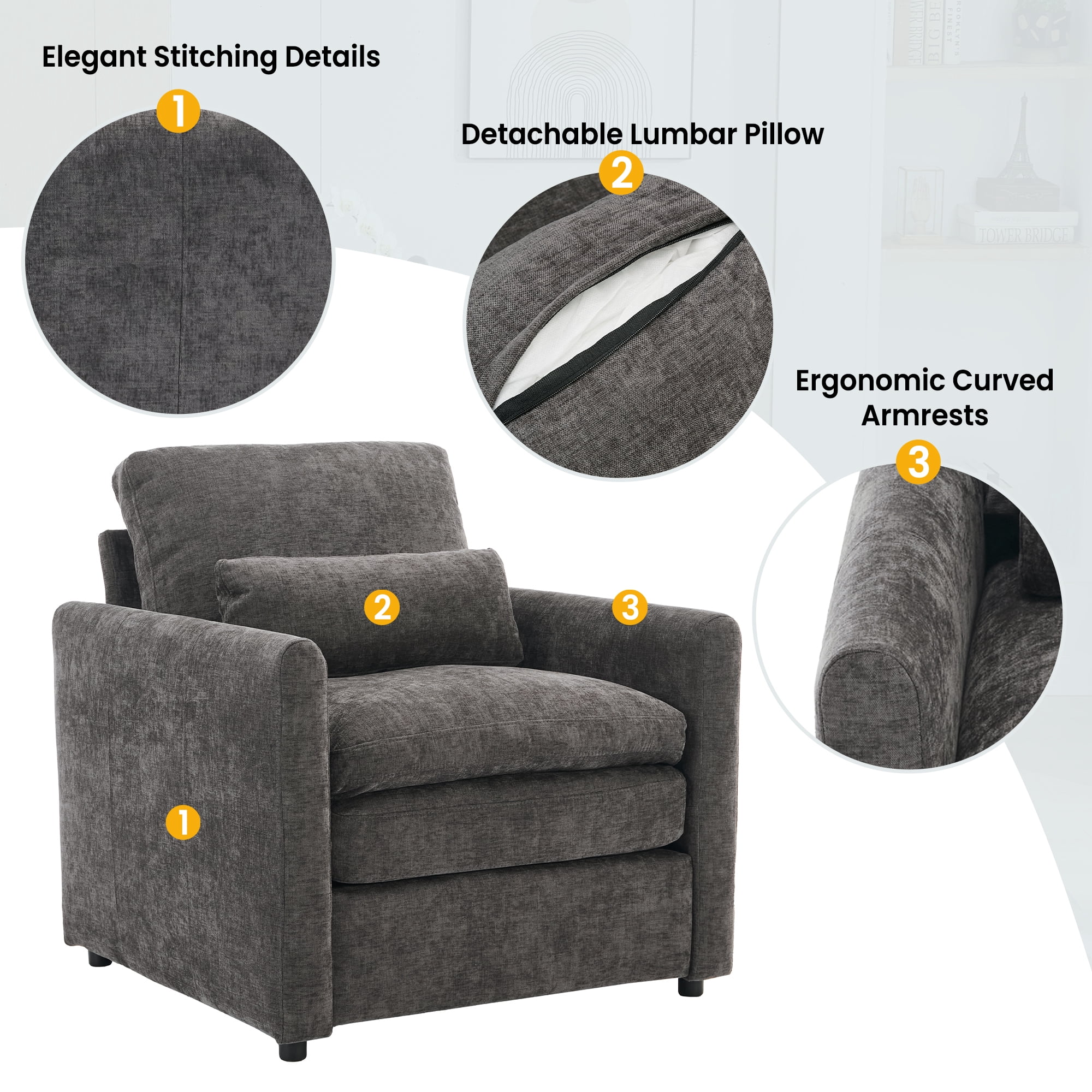 Leumius 31.9" Cozy Upholstered Armchair Oversized Comfy Cloud Sofa Double Cushion Single Sofa Plush Cushion Armchair for Living Room, Bedroom Grey