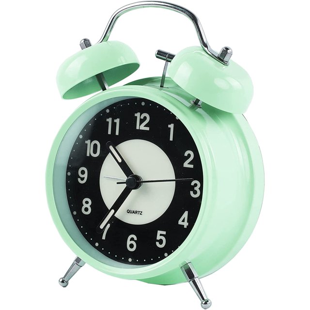 Reloj despertador iluminado de 4 pulgadas, cuarzo, analógico, vintage, doble campana, con alarma fuerte y luz nocturna, caja de metal (verde) Sincero Electrónica