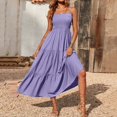 thumbnail image 2 of Robes d'Été pour Femmes Bohème Spaghetti Sangle Smoked Longues Robes de Plage Soleil Sans Manches Robe Maxi Solide, 2 of 9