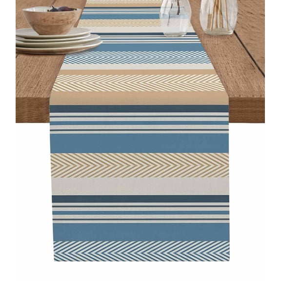 Blue Brown Beige Table Runner 60 Inches, Boho Farmhouse Abstract Stripes Art Bed Runner Dresser Scarves Tabletop for Indoor Outdoor Parties/Ceremony/Banquet, 13" x 60"