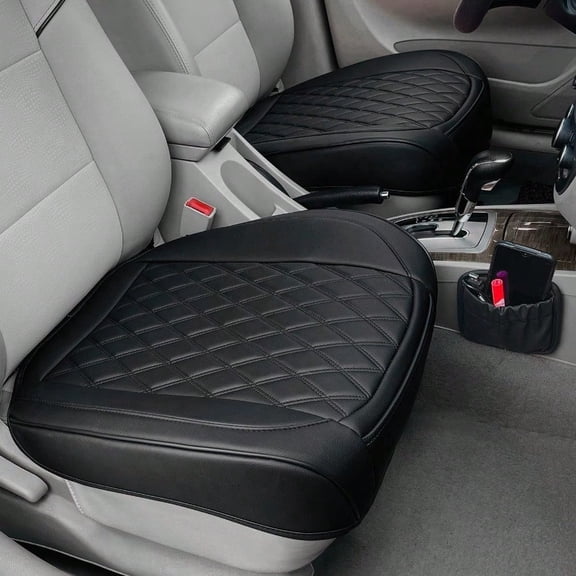 2 Pack Leather Front Car Seat Cover Anti-Slip and Full Wrap Driver Car Seat Protectors with Storage Pocket Luxury Waterproof Bottom Auto Seat Cushion Pad Mat for Most Vehicles Black