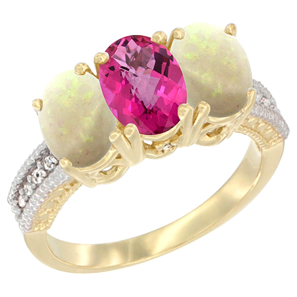 10K Yellow Gold Diamond Natural Pink Topaz & Opal Ring 3-Stone 7x5 mm Oval, sizes 5 10 by WorldJewels