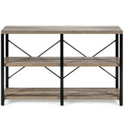 Gymax 47" Metal Frame Console Table 3-Tier Industrial Sofa Table, Gray Oak