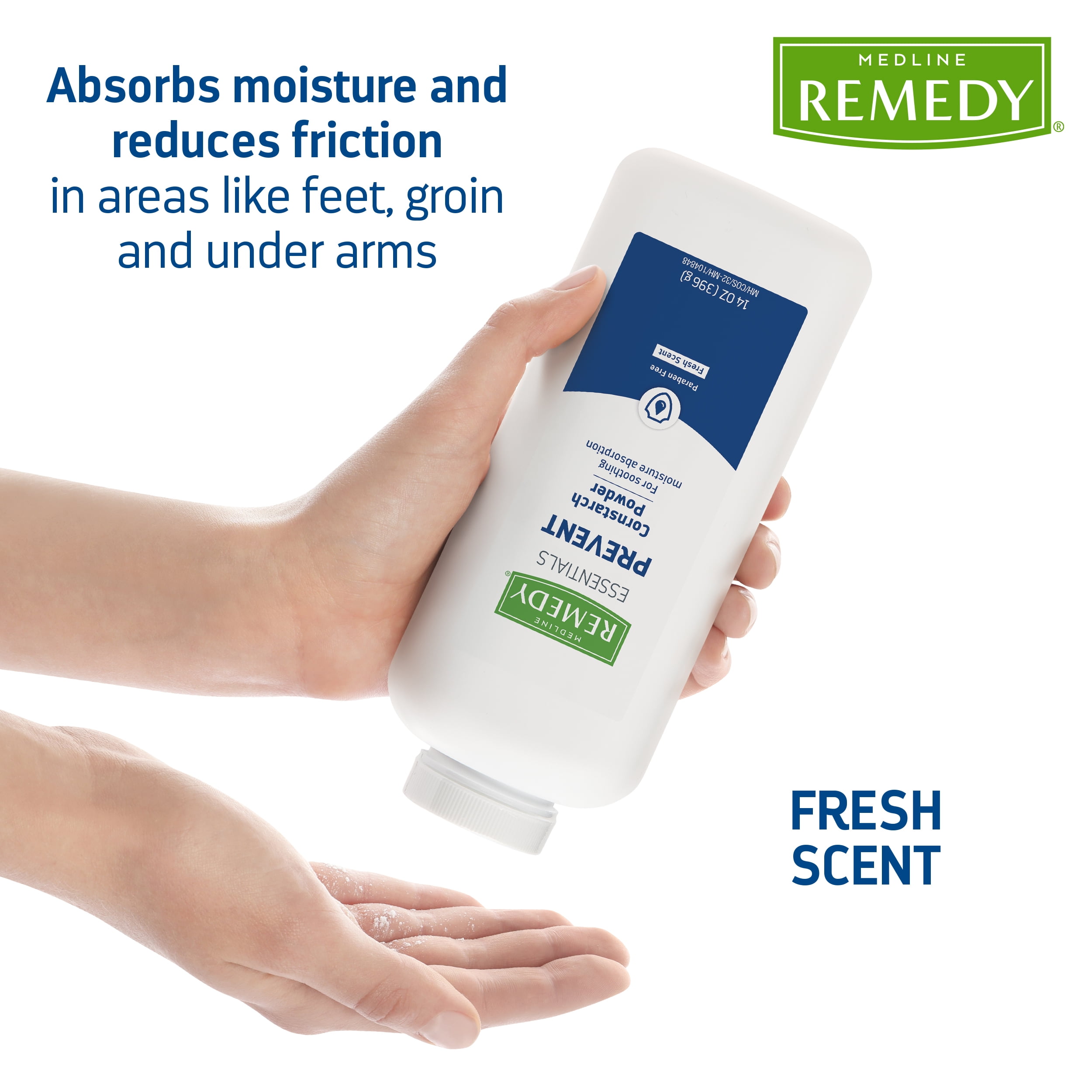 Medline Remedy Essentials Cornstarch Powder, Fresh Scent (14 oz Bottle), 12 Count, Talc Free, Absorbs Sweat, Soothes, Reduces Friction & Chafing