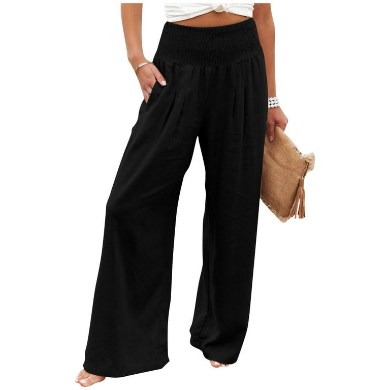 Handmade black linen long wide leg palazzo pants. Black high waist wom –  Nuichan