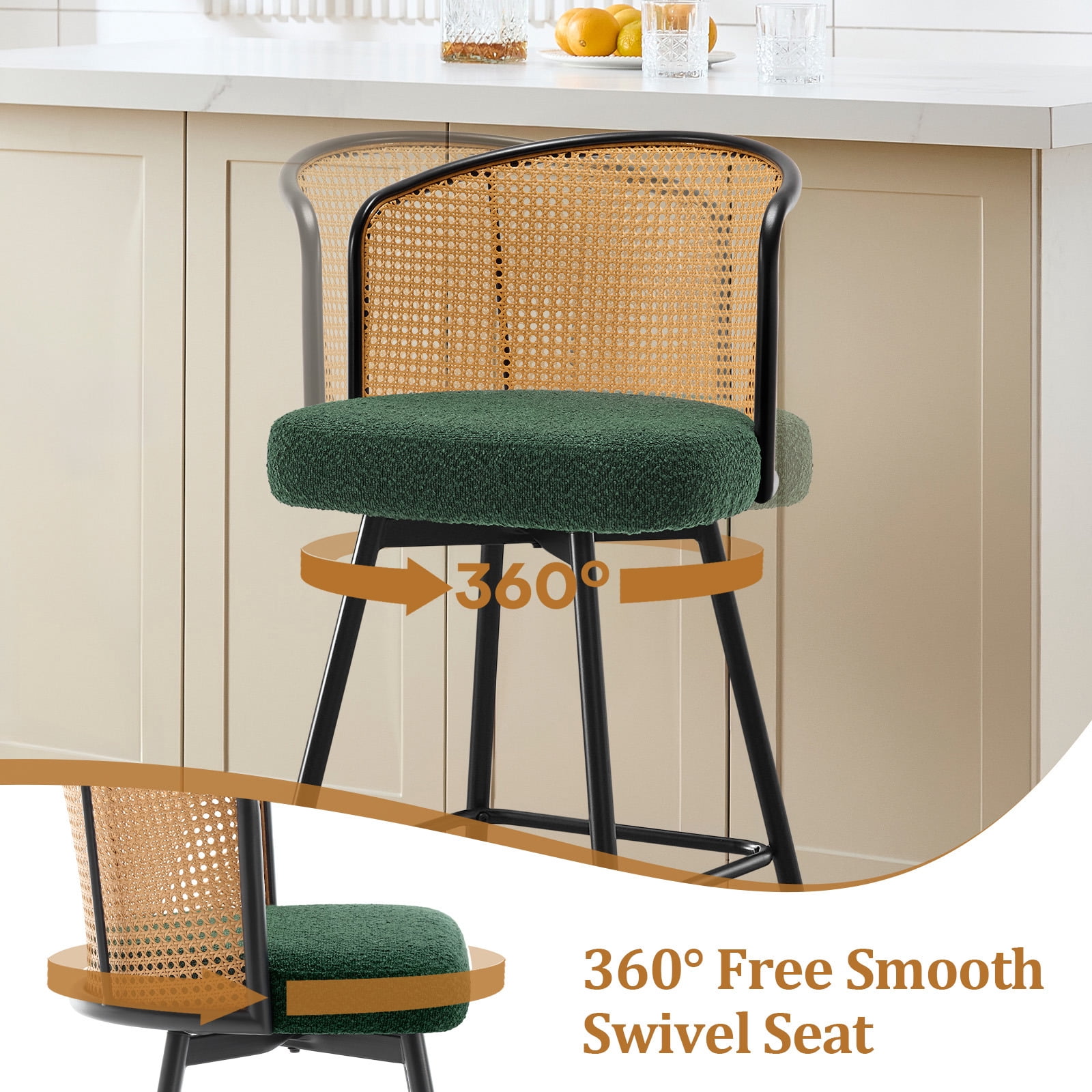 Foreate Cane Swivel Barstools Set of 2, 26" Seat Counter Height w/ Rattan Mid-Back Metal Legs, Upholstered Boucle Fabric Modern Armless Bar Stools Chairs for Kitchen Island Pub