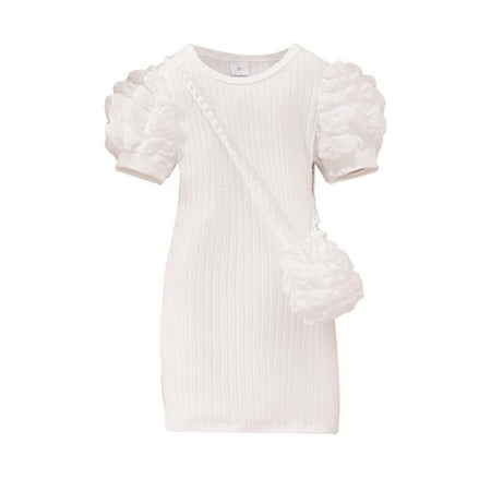Odeerbi Kids Girls Puff Sleeve Bodycorn Dress with Cute Bag Party Mini Knit Dress Lightweight Short Sleeve Round Neck Solid Color Dress Set Kids Clothes White