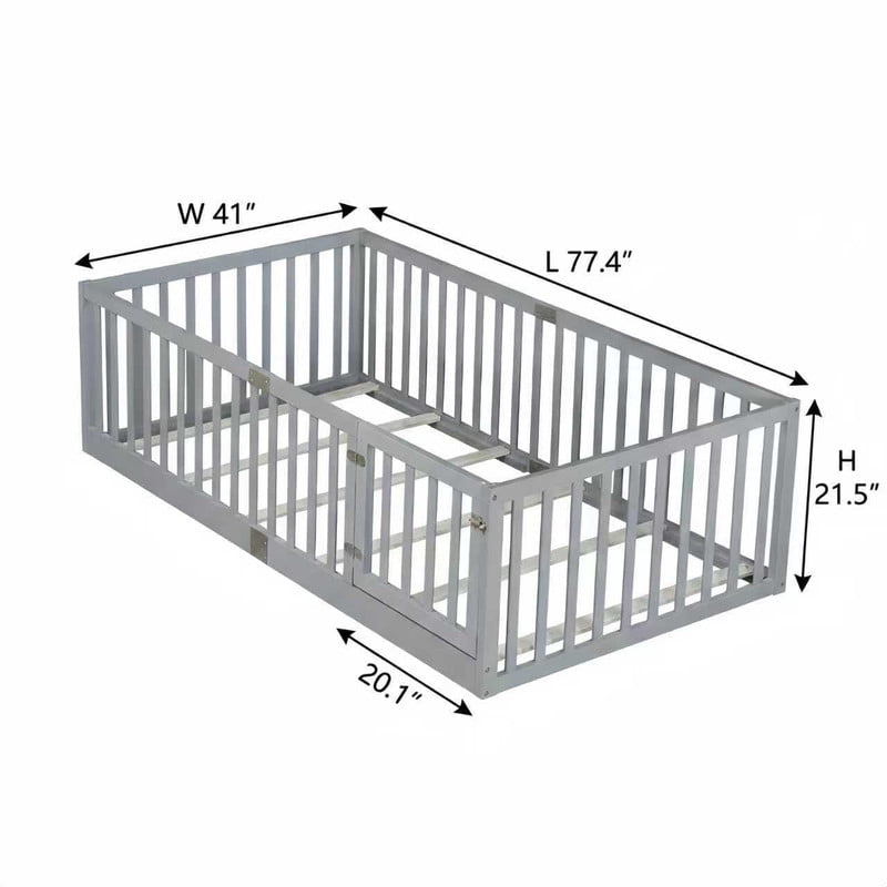 Mirightone Rubber Wood Twin Bed Frame with High Rails and Door, Montessori Floor Bed Twin with 6 Slats, No Box Spring Needed, Grey