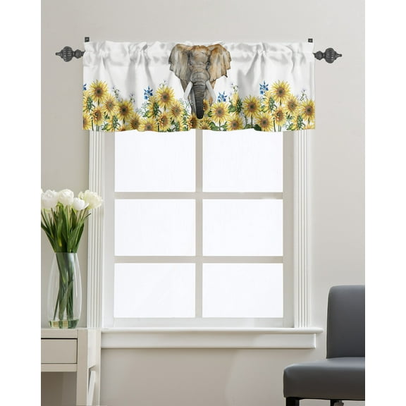 Kitchen Cafe Valance Curtain for Small Windows,Watercolor Sunflowers and Elephant Rod Pocket Short Valances Farm Yellow Flowers Window Treatment Panel for Living Room/Bedroom/Bathroom,54x18in