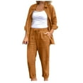 thumbnail image 3 of Dazajoo Womens Two Piece Cotton Linen Sets Button Down Long Sleeve Shirts Matching Elastic Waist Drawstring Pants with Pockets,Brown,XXL, 3 of 7