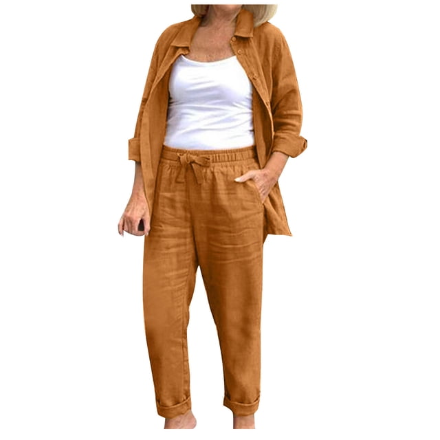 Timegard 2pc Lounge Sets for Women Collared Button down Long Sleeve Tops Drawstring Elastic Waist Tapered Pants with Pockets Sets