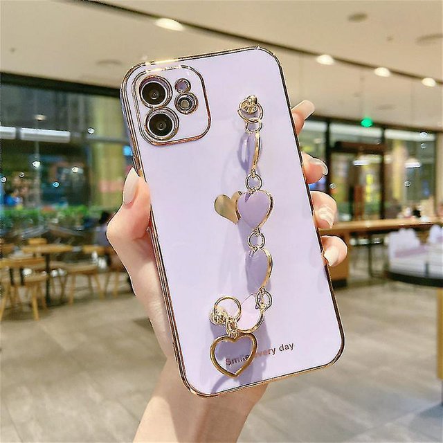 For iPhone 8 Plus Aplicar a la caja del teléfono galvanizada Love Heart Compatible con Iphone 11 12 13 14 Pro Max Xs Max Xr 7 Plus 14 Correa de muñeca a prueba de golpes Cadena Co