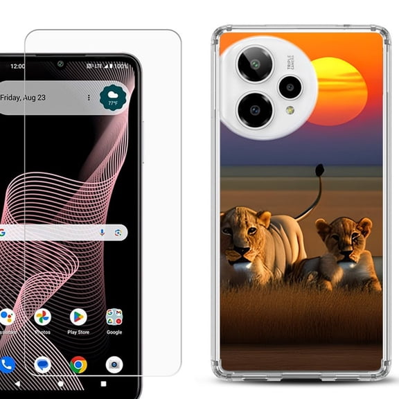 Phone Case for Cricket Icon Plus 2026, with Screen Protector, by OneToughShield - Lion Sunset