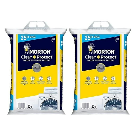 Morton Water Softener Salt - Two 25lb Bags - Clean & Protect Formula - Prevents Scale Buildup - Easy Lift & Pour - For Water Softening Systems