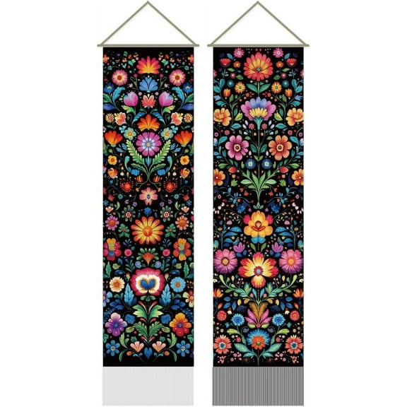 2Pcs Folk Art Floral Tapestry Colorful Floral Long Vertical Tapestry Wall Hanging Vintage Flower Tassel Wall Tapestry Botanical Aesthetic Tapestry for Bedroom Living Room 45.7x13Inch