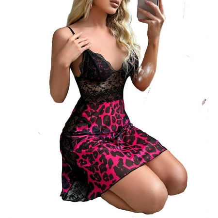 

Sexy Leopard Print Spaghetti Strap Slip Dress Hot Pink Sleeveless Women Nightgowns & Sleepshirts S