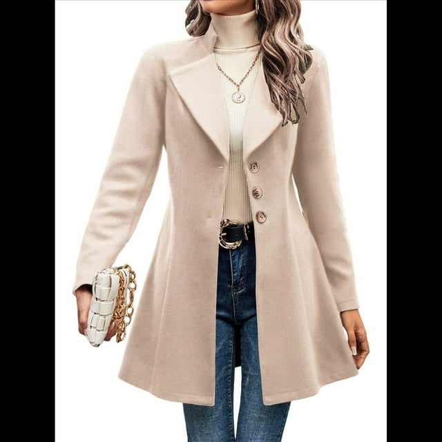 Abrigo de Invierno de Mezcla de Lana Color Camel para Mujer, Hasta la Rodilla, con Solapa y Muesca, Chaqueta de Abrigo con Botonadura Única Albaricoque M
