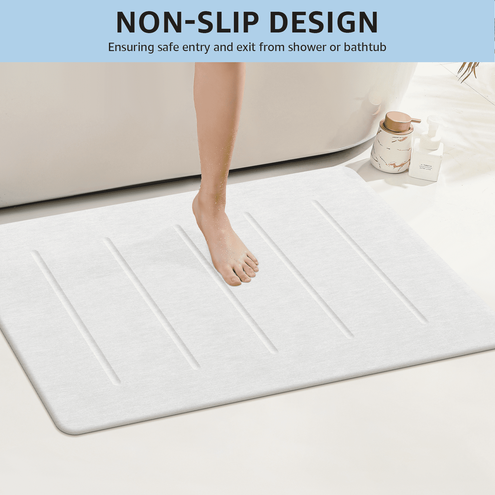 OTHWAY Stone Bath Mat Large, 32" x 20" Diatomaceous Earth for Bathroom, Super Absorbent Quick Drying Non-Slip Diatomite Shower Mat (White Grey)