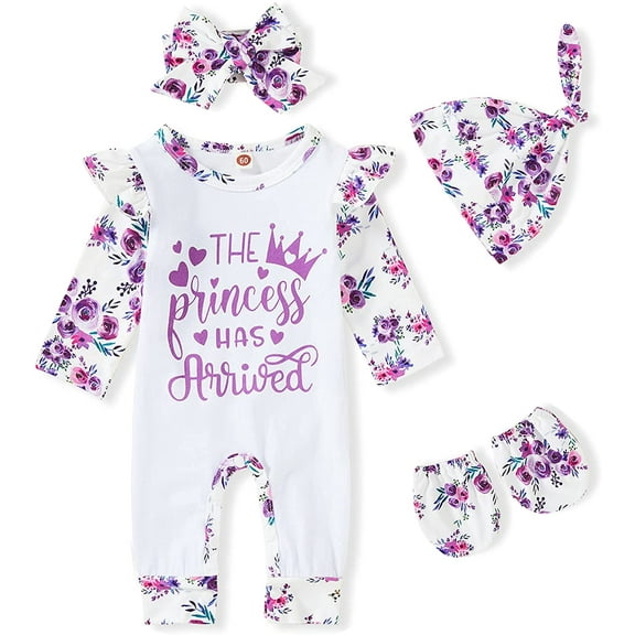ZOELNIC Newborn Infant Baby Girl Romper Letter Print Bodysuit Jumpsuit Hat Headband Gloves Coming Home Clothes Outfit