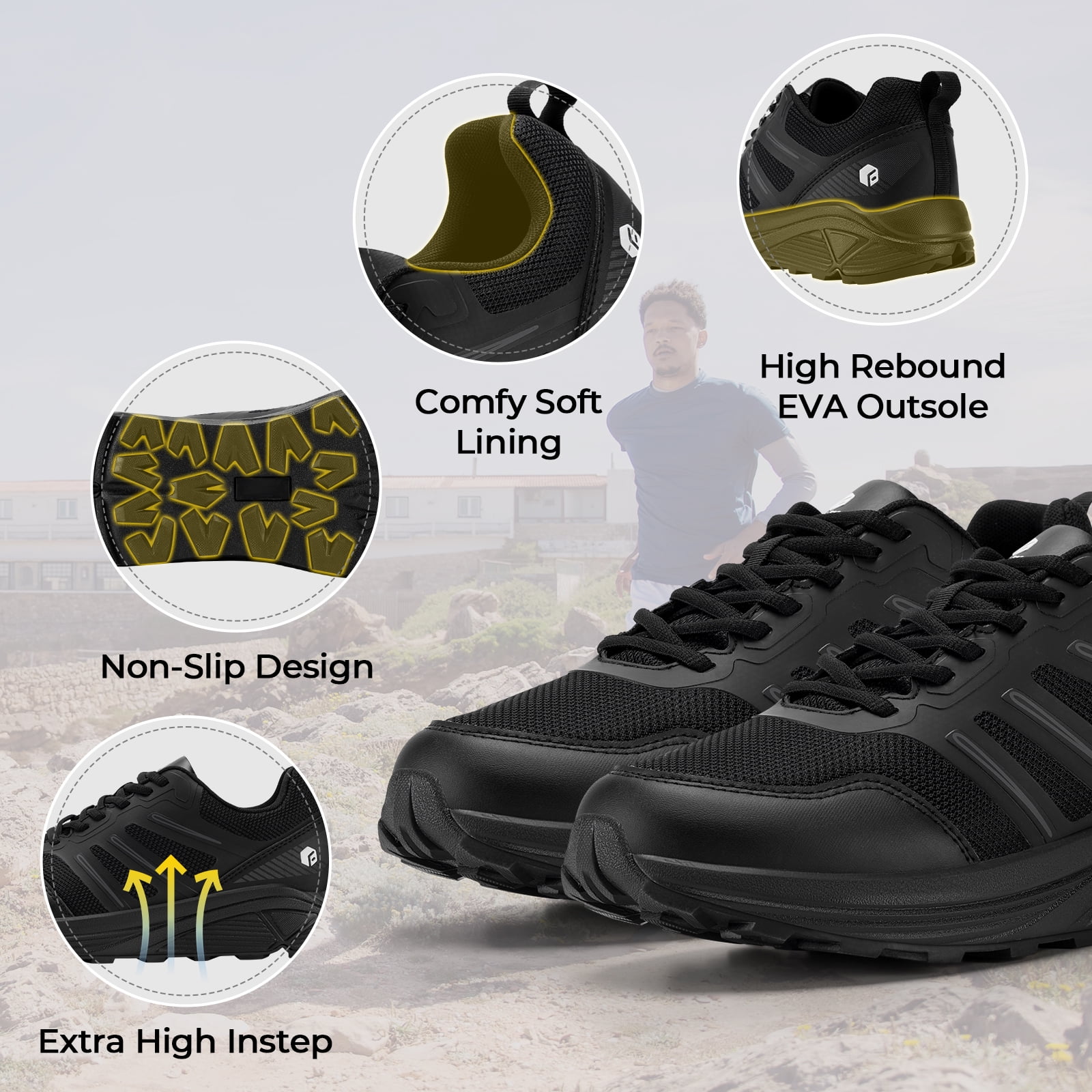 FitVille Men's Trail Running Shoes Wide Sneakers with Arch Support, Black, Size 9