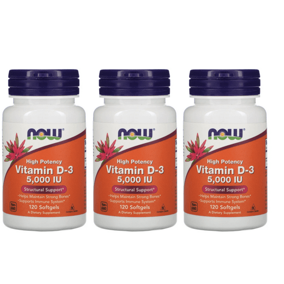 NOW Supplements, Vitamin D-3 5,000 IU, High Potency, Structural Support*, 120 Softgels -3 Packs