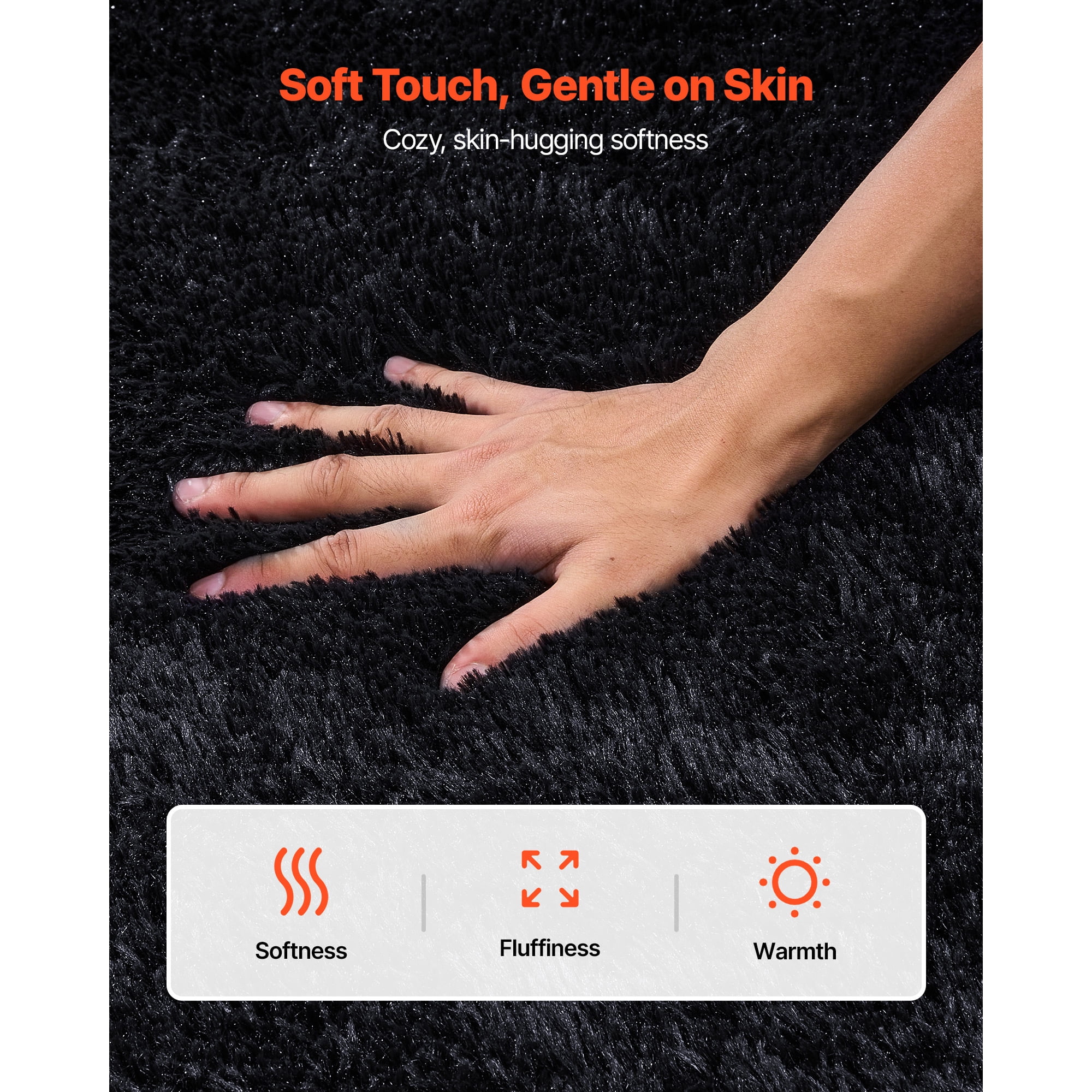 KFFKFF Indoor Plush Area Rugs, 8 x 10 ft Soft Shag Carpet, Furry Area Rugs for Living Room, Bedroom, Sunroom, Modern Home Decor, Non-Shedding, Non-Woven, Slip-Resistant, Black