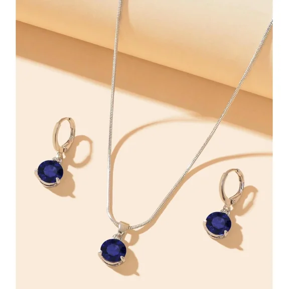 3.00Ct Round Cut Simulated Blue Sapphire Solitaire Wedding Earring & Pendant Jewelry Set Women's For Her 925 Sterling Silver 14K White Gold Plated