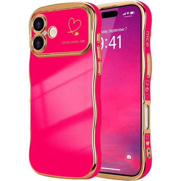MYKOMI for iPhone 16 Plus Case for Women Girls, Cute Wave Frame Curly Shape with Love Heart Pattern Raised Camera Protection Cover Luxury Plating Shockproof Phone Case for iPhone 16 Plus
