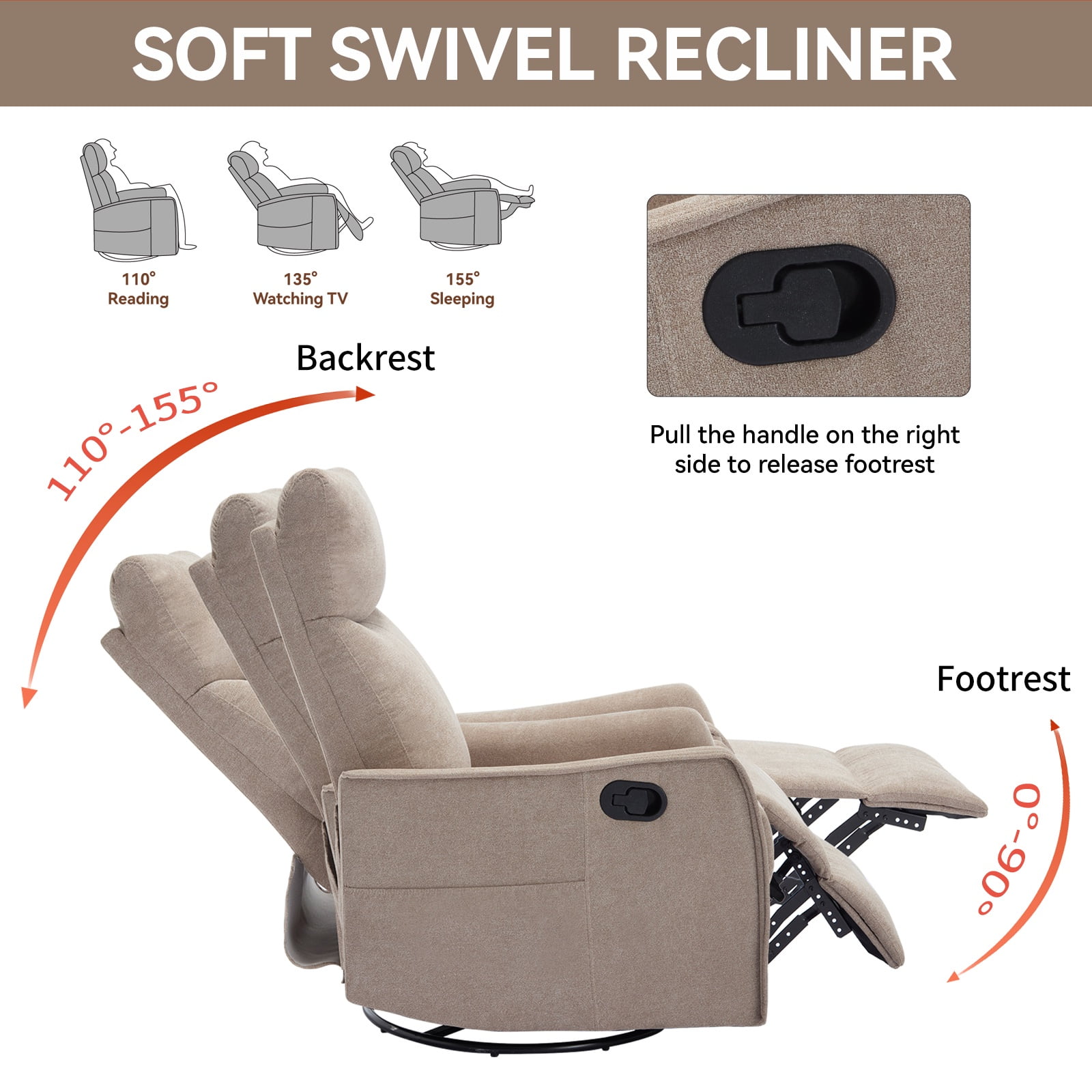 Bellemave Manual Recliner Chair with Massage and Heating Home Theater Recliner Rocking Chair Nursery Swivel and Rocker Chair with High Back in Fabric for Living Room, Bedroom (Khaki)