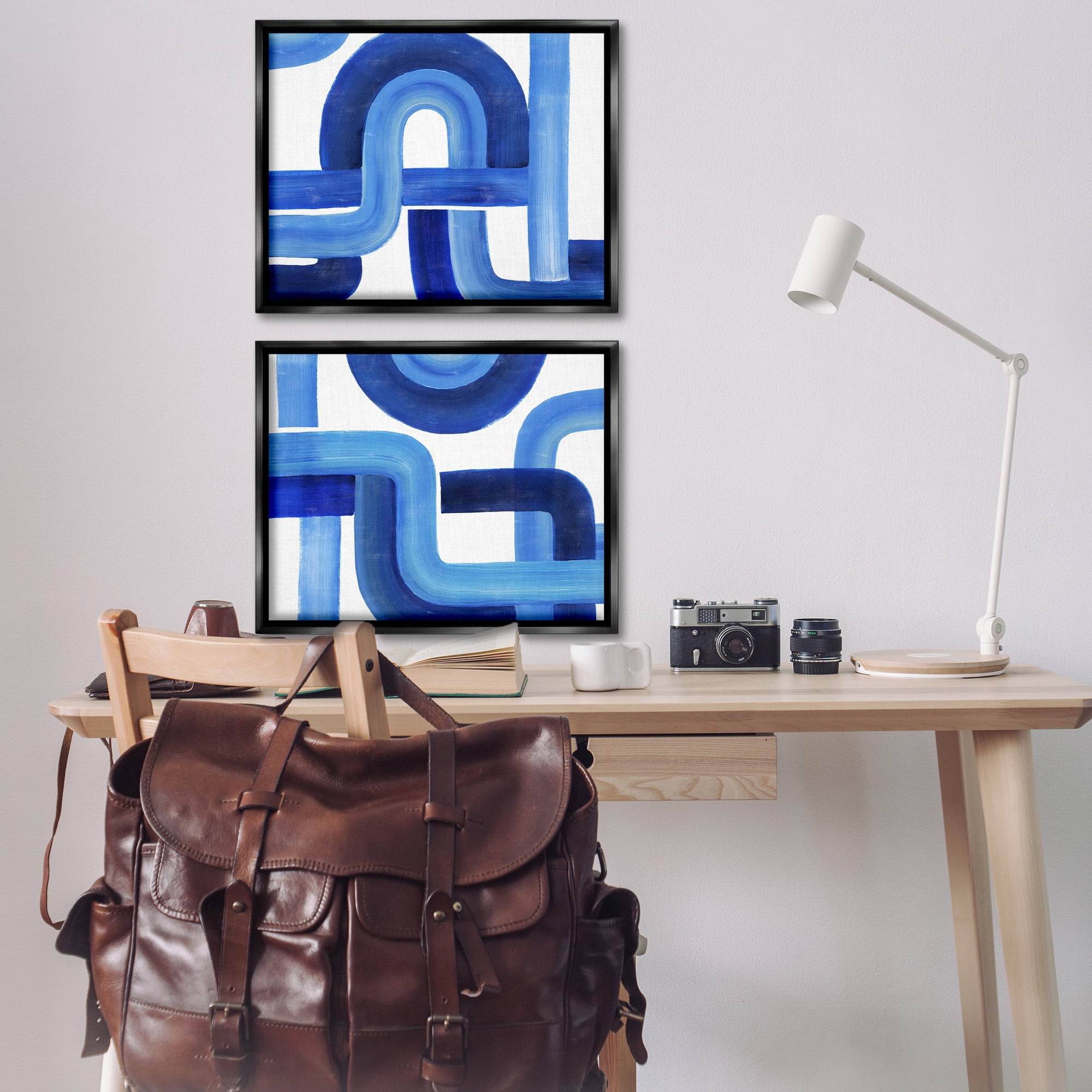 Stupell Industries Woven Blue Geometric Lines Abstract Painting Black Floater Framed Canvas Art Print Wall Art, 31 x 25, Set of 2