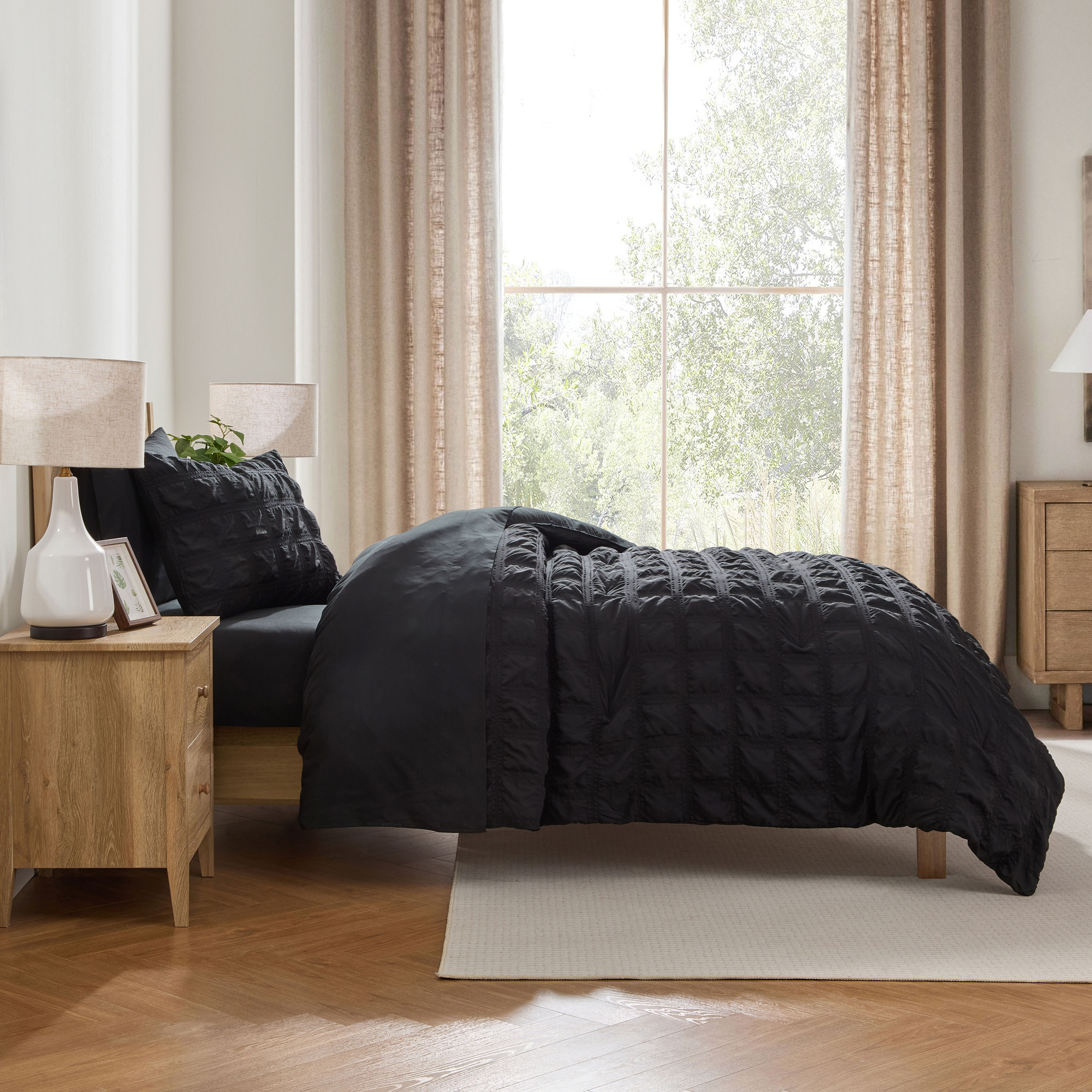 LammaLoe Twin Comforter Sets, 7 Piece Seersucker Bed in a Bag, Bedding Comforter Set with Sheets, Modern Bed Set, Black