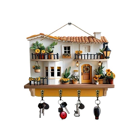 QHUDLV Cute Key Holder, Sunflower Cottage Decorative Key Holder for Wall with 4 Key Hooks,Wall Mount Design Decoration, Porch Decoration, Room Decoration, Villa Decoration