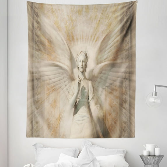 Vintage Tapestry, Angel Woman in Medieval Site Vintage Style Mythical Design, Fabric Wall Hanging Decor for Bedroom Living Room Dorm, 5 Sizes, Yellow White, by Ambesonne