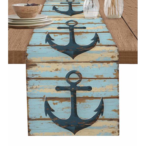Hokiten Table Runners 90 Inches Long Dress Scarves, Nautical Anchor Farmhouse Coffee/Dining/Kitchen Table Runner for Living Room, Vintage Blue Brown Wooden Coastal 13x90 Inch