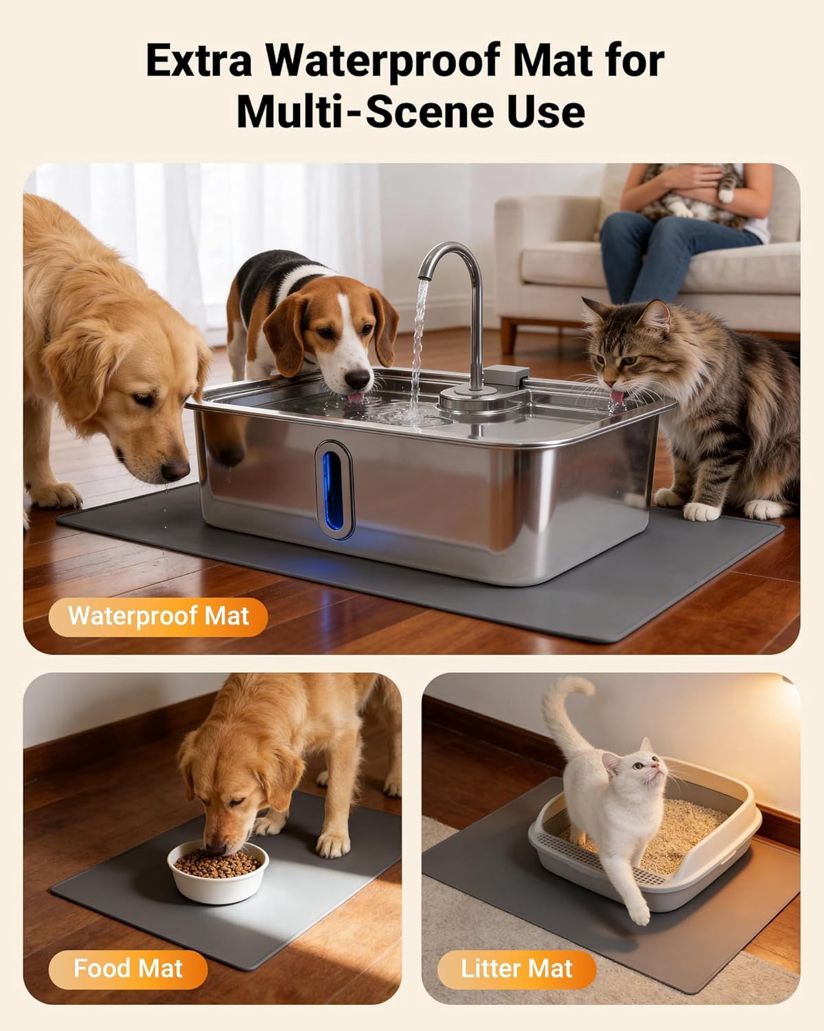 Automatic Pet Water Fountain with Silicone Mat & 3 Filters, Stainless Steel Dispenser with Visible Window and Alert Light for Large Dogs and Cats