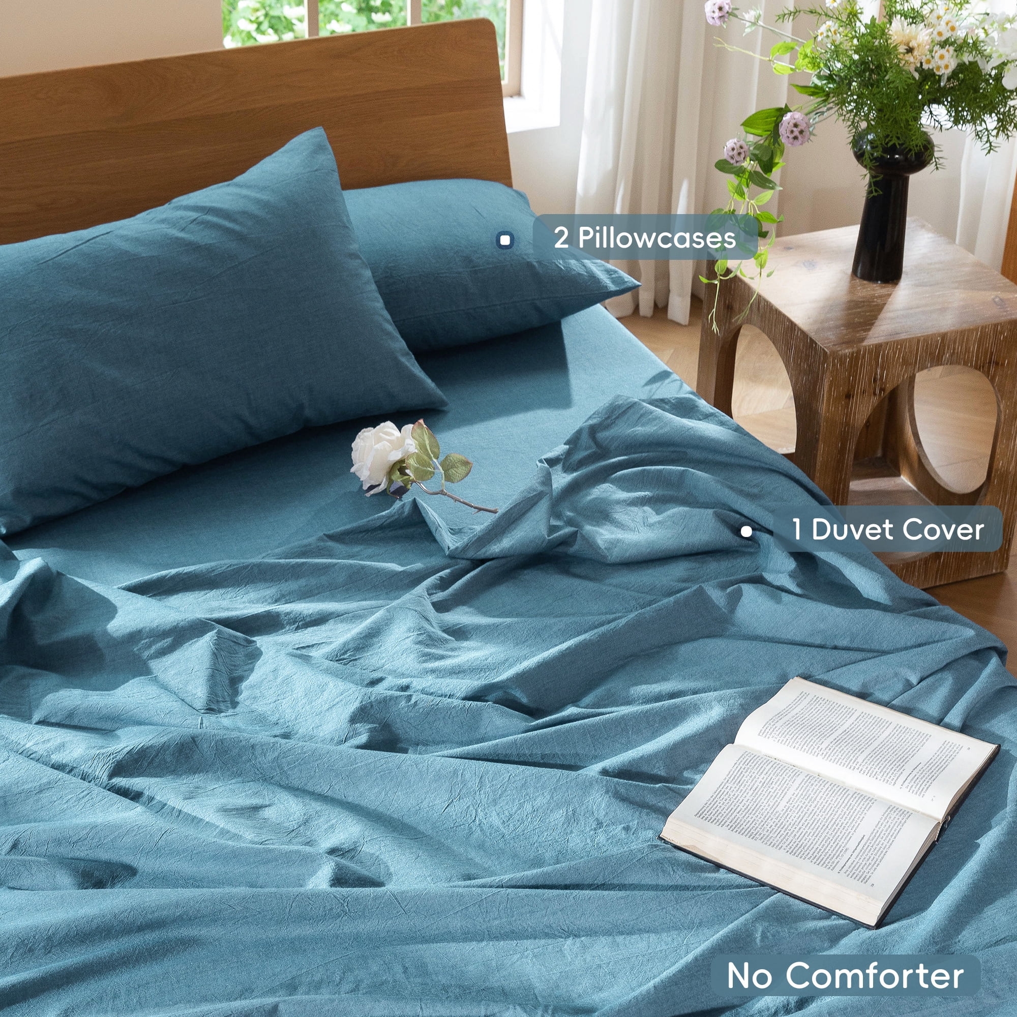 MooMee Duvet Cover Set Full 100% Washed Cotton Linen Like Textured Breathable Lightweight 3-Piece (Peacock Blue, 80"x90")