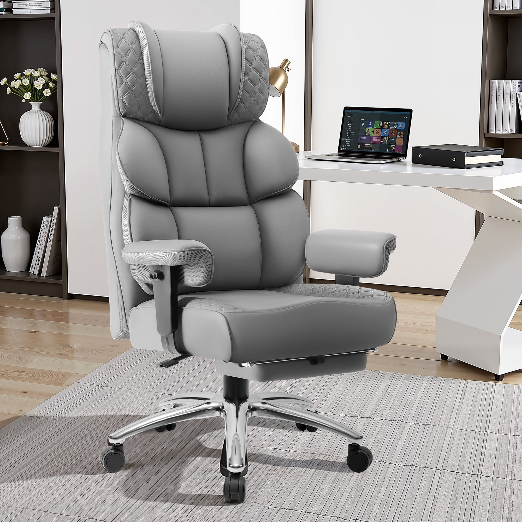 CoolHut Big and Tall Office Chair 400LBS, Adjustable Headrest Ergonomic Computer Desk Chair, Executive Leather Chair with Adjustable Armrest, High Back Office Chair Havy Duty Design, Gray