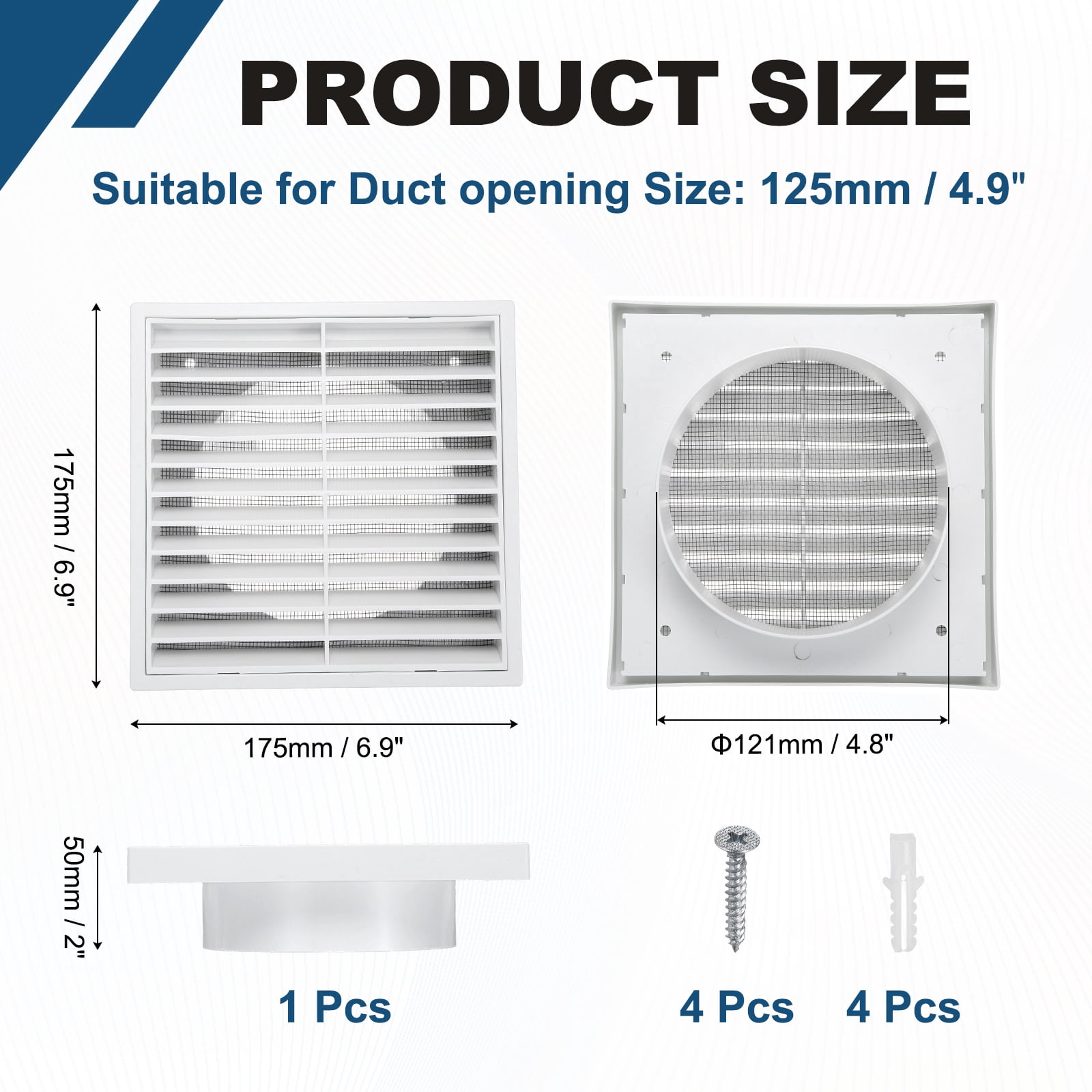 Uxcell 1Set Vent Cover with Screen Mesh (5" Opening, 5.5"L x 5.5"W) - Square Louver Air Wall Vent ABS Plastic Exhaust Ventilation Grille for Central AC/Bathroom/Kitchen/Garage, White